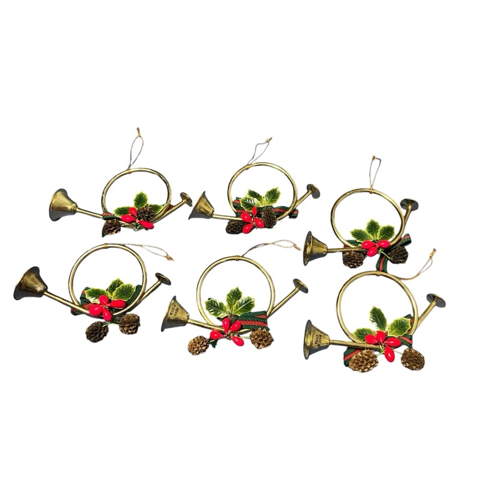 Vintage Brass French Horn Christmas Tree Ornament Ribbon Pine Cones Holly Bugles - Picture 8 of 8